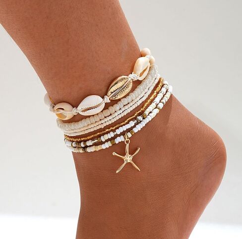 Starfish Shell Ankle Bracelet for Women Boho Stackable Beaded Anklet Adjustable Summer Beach Seashell Ankle Bracelet for Women Conch Hawaiian Foot Jewelry in Saudi Arabia