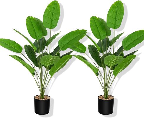 Artificial Plants Fake Banana Tree with Green Leaves 32" Bird of Paradise Plantas Artificiales Decorativas Faux Tropical Plants Greenery Family Garden Office Indoor Outside Decor 2Pcs (Green) in Saudi Arabia