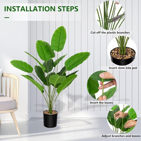 Artificial Plants Fake Banana Tree with Green Leaves 32" Bird of Paradise Plantas Artificiales Decorativas Faux Tropical Plants Greenery Family Garden Office Indoor Outside Decor 2Pcs (Green) in Saudi Arabia