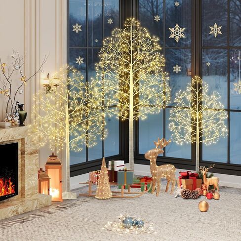 4/5/6 FT Lighted Birch Trees Set of 3,Warm White,for Christmas Home Decorations,Indoor and Outdoor Use,150/200/300 LED Lights,6/18 Hrs Timer,Plug-in Required,9.8 ft Cord in Saudi Arabia