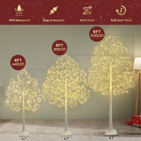 4/5/6 FT Lighted Birch Trees Set of 3,Warm White,for Christmas Home Decorations,Indoor and Outdoor Use,150/200/300 LED Lights,6/18 Hrs Timer,Plug-in Required,9.8 ft Cord in Saudi Arabia
