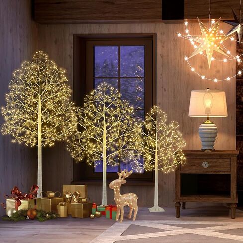 4/5/6 FT Lighted Birch Trees Set of 3,Warm White,for Christmas Home Decorations,Indoor and Outdoor Use,150/200/300 LED Lights,6/18 Hrs Timer,Plug-in Required,9.8 ft Cord in Saudi Arabia