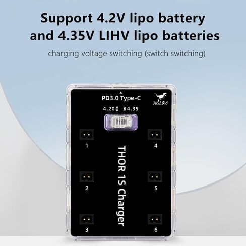 HGLRC Thor 1S شاحن V2 1S LiPo شاحن بطارية لوح 6 منافذ Type-C شاحن محمول 4.35V 1A 1S LiHV شاحن مع موصل BT2.0/ PH2.0 لبطارية ليبو 1S RC بدون طيار كوادكوبتر in Kuwait