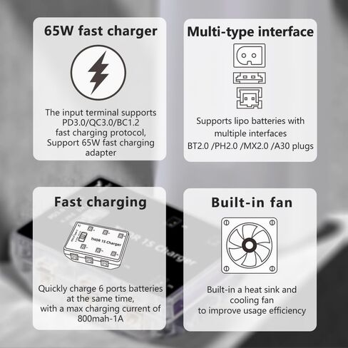 HGLRC Thor 1S شاحن V2 1S LiPo شاحن بطارية لوح 6 منافذ Type-C شاحن محمول 4.35V 1A 1S LiHV شاحن مع موصل BT2.0/ PH2.0 لبطارية ليبو 1S RC بدون طيار كوادكوبتر in Kuwait