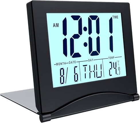 ساعة MMOBIEL الرقمية LCD منبه للسفر قابلة للطي مع إضاءة خلفية - ساعة رقمية مع مؤشر اليوم والتاريخ ودرجة الحرارة - ساعة منبه رقمية للطاولة - ساعة مكتب تعمل بالبطارية - فضي in Kuwait