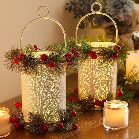 WOODEXPE 2Pcs Christmas Lantern Metal with Flameless Candle, Decorative Hanging Lantern for Indoor Outdoor Decoration Festive Holiday Party Gift (Christmas Tree) in Saudi Arabia