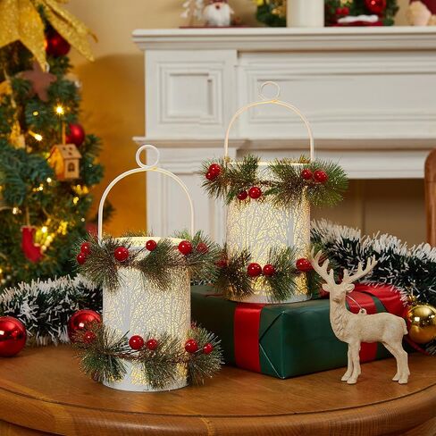 WOODEXPE 2Pcs Christmas Lantern Metal with Flameless Candle, Decorative Hanging Lantern for Indoor Outdoor Decoration Festive Holiday Party Gift (Christmas Tree) in Saudi Arabia