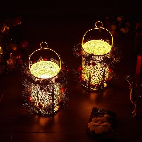 WOODEXPE 2Pcs Christmas Lantern Metal with Flameless Candle, Decorative Hanging Lantern for Indoor Outdoor Decoration Festive Holiday Party Gift (Christmas Tree) in Saudi Arabia