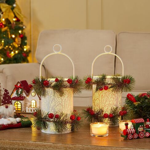 WOODEXPE 2Pcs Christmas Lantern Metal with Flameless Candle, Decorative Hanging Lantern for Indoor Outdoor Decoration Festive Holiday Party Gift (Christmas Tree) in Saudi Arabia