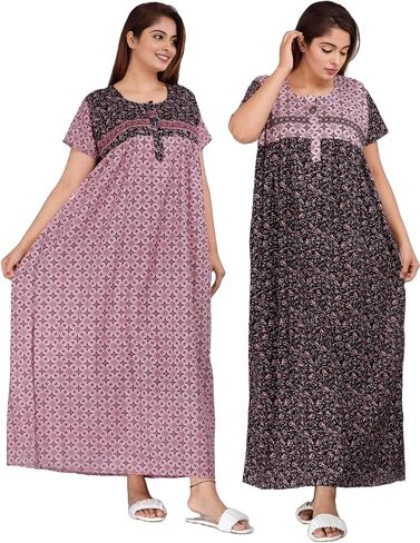 Womens Nightgown Cotton Sleepwear Nightshirt Short Sleeve Print Sleepshirt Sleepdress plus size Maxi Nighty Dress (Black&light_Pink, Standard) in Saudi Arabia