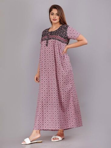 Womens Nightgown Cotton Sleepwear Nightshirt Short Sleeve Print Sleepshirt Sleepdress plus size Maxi Nighty Dress (Black&light_Pink, Standard) in Saudi Arabia