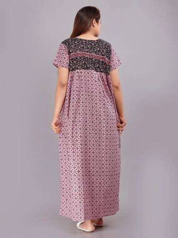 Womens Nightgown Cotton Sleepwear Nightshirt Short Sleeve Print Sleepshirt Sleepdress plus size Maxi Nighty Dress (Black&light_Pink, Standard) in Saudi Arabia
