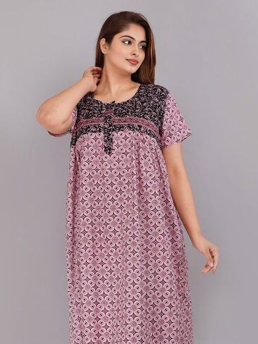 Womens Nightgown Cotton Sleepwear Nightshirt Short Sleeve Print Sleepshirt Sleepdress plus size Maxi Nighty Dress (Black&light_Pink, Standard) in Saudi Arabia