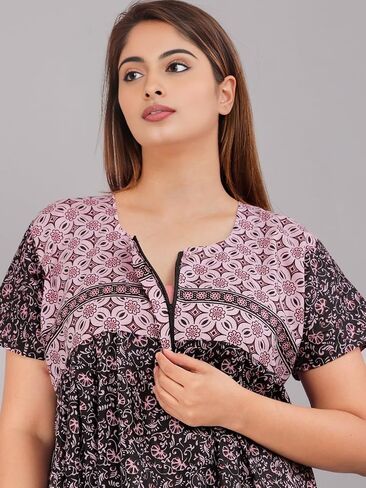 Womens Nightgown Cotton Sleepwear Nightshirt Short Sleeve Print Sleepshirt Sleepdress plus size Maxi Nighty Dress (Black&light_Pink, Standard) in Saudi Arabia