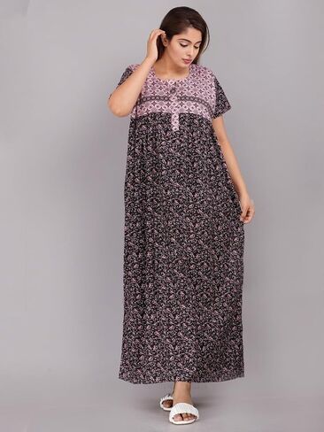 Womens Nightgown Cotton Sleepwear Nightshirt Short Sleeve Print Sleepshirt Sleepdress plus size Maxi Nighty Dress (Black&light_Pink, Standard) in Saudi Arabia