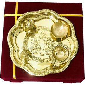 Brass Pooja Plate thali Set Indian Om Laxmi Ganesh shubh labh for Diwali Pooja Home Temple Mandir puja Set of 5 pcs Navratri Laxmi Housewarming Thanksgiving red Velvet Box - 8.5 inch
