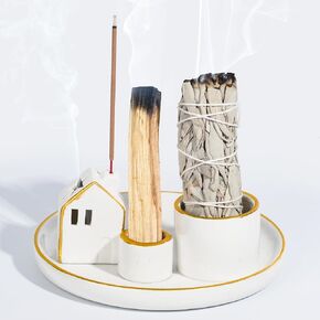 ZenBless Multifunction Incense and Candle Holder for Burning Palo Santo, Sage Smudge Sticks, Cones Incense, 5.9" Ceramic Incense Burner Room-Shaped Handmade Ash Catcher Tray for Meditation Yoga Room