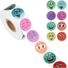 500pcs Foil Happy Face Holographic Stickers, 1 Inch Small Round Smile Sticker Roll Glitter Incentive Sparkly Labels for Kids Reward Chart Classroom Students Teachers