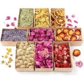 16 Bags Dried Flowers - Natural Dried Herbs Kit for Soap Making, DIY Candle, Resin Jewelry Making, Bath, Witch - Bulk Flowers Include Rose Petals, Lavender, Lemon, Don't Forget Me, Rosemary, and More