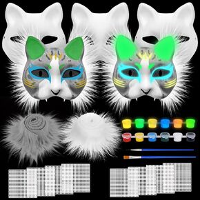 Dreamtop 15pcs DIY Glow Therian Mask Cat Kit تتضمن أقنعة قطط فارغة فو الفراء نسيج البلاستيك شبكات توهج وطلاء أكريليك، أقنعة تنكرية لحفلات الهالوين التنكرية