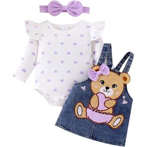 Baby Girl Clothes Fall Winter Outfits Long Sleeve Romper Bear Cartoon Suspender Skirt Bow Headband Set 0-18 Months