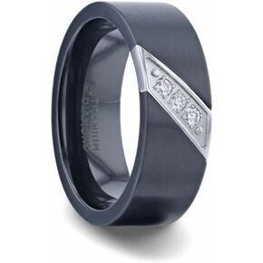 Roy Rose Jewelry Mens Black Titanium Set of 3 Diamonds Small Silver-Coated Diagonal Design Wedding Ring - Flat Brushed Comfort Fit - 8mm Wide - Style Name: Jaguar