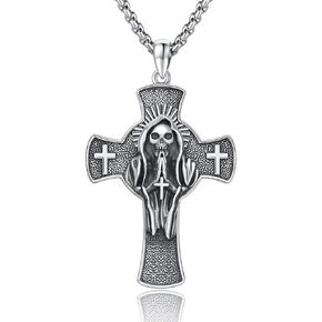 Santa Muerte Necklace 925 Sterling Silver Holy Death Necklace Grim Reaper Necklace Santa Muerte Pendant Gothic Halloween Jewelry Gifts for Men Women