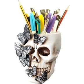 Skull Pen Holder,Skull Makeup Brush Holder,Bathroom storage Holder,Spooky Goth Decorations,Halloween Decoration,Vanity, Desk, Office Organizer, Stationary, Decor Planter