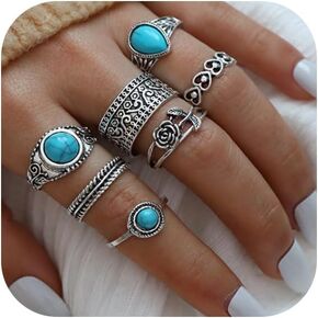 Bohemian Turquoise Ring Set for Women,Vintage Joint Knuckle Stackable Rings Oval Gemstone Ring Chunky Stone Crystal Midi Finger Ring Pack Western Jewelry Gifts