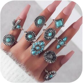 Bohemian Turquoise Ring Set for Women,Vintage Joint Knuckle Stackable Rings Oval Gemstone Ring Chunky Stone Crystal Midi Finger Ring Pack Western Jewelry Gifts in Kuwait
