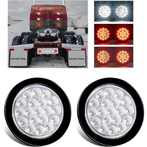 2 PCS 4'' Round Red/White Led Trailer Tail Lights Kit, 4 Inch 19 LED Stop Brake Turn Backup Reverse Running Lamps for Truck Semi Trailer RV Jeep, w/Grommets, 3-Prong Wire Pigtails