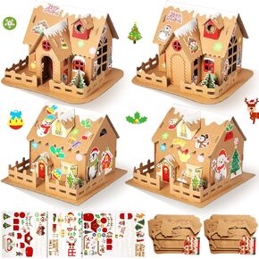 Yunsailing 4 Sets Christmas Gingerbread House Kit Cardboard Christmas Craft Kit DIY Build Gingerbread House Supplies for Boy Girl Kids Holiday Fun Game Party Decorating Playtime