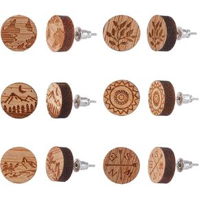 SUNNYCLUE 6 Pairs Wooden Stud Earring Set Natural Wood Charms Bulk Flat Round Earth Globe World Map Moon Star Compass Heart for Women DIY Jewelry Making Kit Findings Crafts Supplies Accessories,12mm
