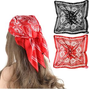 2 Pcs 27.5'' Large Bandanas Silk Square Head Scarfs Scarves Satin Head Scarf Hair Scarf Silk Head Scarf Silk Bandana Silk Hair Wrap Neck Scarf for Women Girls(Black+Red)