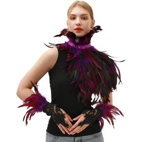 Elegant Gothic High Collar with Side Feather Shawl Lace Gloves Set for Women Themed Parties and Celebrations