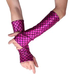 Girls Womens Sequined Mermaid Fish Scale Long Arm Sleeves Fingerless Gloves Costume Rave Party Accessories