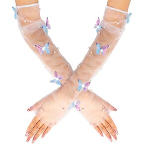 GORTIN Butterfly Wedding Long Gloves White Pearl Tulle Elbow Length Gloves Bridal Fingerless Gloves Halloween Opera Costume Glove for Women