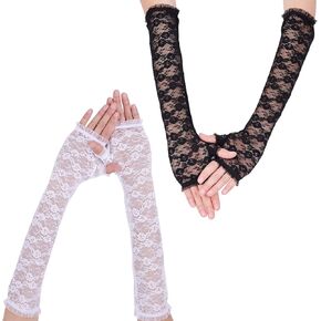 AIEX 2 Pairs Long Lace Gloves for Women, 40cm/ 15.7 Inch Lace Gloves Floral Fingerless Bridal Gloves Ideal for Tea Party Wedding Opera Party(Black, White)