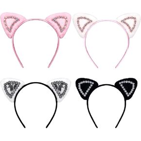 YISSION Cat Ears Headband for Women, 4Pcs Furry Ears Headbands with Rhinestone Party Favors Birthday Decorations Halloween Costume Cosplay Hair Accessories