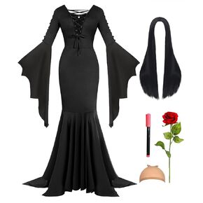 5pcs Halloween Costume Set for Gothic Costume Women Adult with Retro Black Dress Black Wig for Costume Party