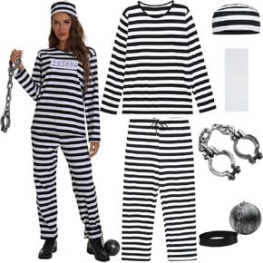 ZeroShop Prisoner Halloween Costume Women, Jail Costume Adult Jumpsuit Convict Jailbird Outfit Shirt Pants