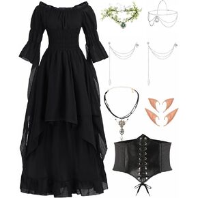 Renaissance Costume Women Puff Sleeve Off Shoulder Medieval Dress with Corset Steampunk Chemise with Accessories
