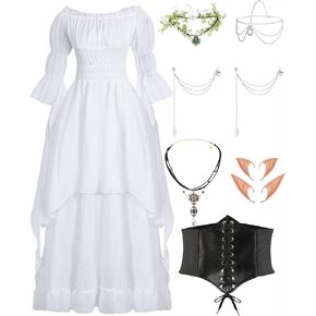 Renaissance Costume Women Puff Sleeve Off Shoulder Medieval Dress with Corset Steampunk Chemise with Accessories