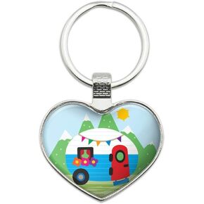 Vintage Retro Camper RV Camping Travel Trailer Keychain Heart Love Metal Key Chain Ring