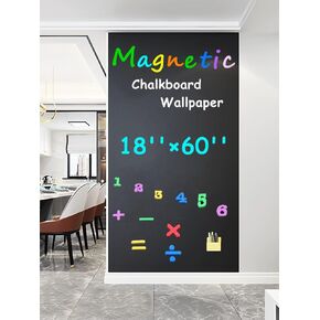 Magnetic Surface Chalkboard Contact Paper, Peel and Stick, Adhesive Backing, Blackboard Wallpaper, Bonus 12 Liquid Chalk, 6 Magnets, 26 Magnetic Letters, 15 Magnetic Numbers & Symbol (18 × 60 Inch)
