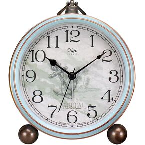 Vintage Alarm Clock, Silent Non Ticking Desk Clock, Battery Operated Small Table Clock, Decorative Round Analog Clock for Bedroom, Living Room (Blue)