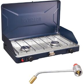 VANSTON 2-Burner Propane Camping Stove, 20,000 Total BTUs Portable Gas Camping Grill, Stovetop with Adjustable Burners, Wind Guards, Heavy-Duty Latch, Built-in Carrying Handle, Pressure regulator