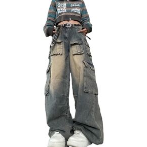 Multi Pocket Retro Work Jeans Women's High Waist Loose Y2K Casual Jeans Gothic Wide Leg Pants