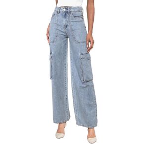 Cargo Jeans for Women Trendy Stretchy High Waistd Baggy with Multiple Pockets Straight Y2K Pants