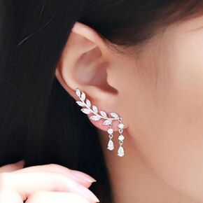 Boho Rhinestone Leaf Ear Climber Earrings Silver Crystal Leaf Dangle Drop Earrings Vintage Leaf Stud Earrings CZ Crawler Earring Jewelry for Women and Girls
